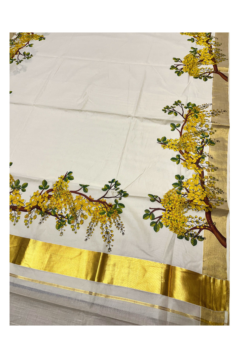 Pure Cotton Kerala Kasavu Saree with Floral Prints on Body