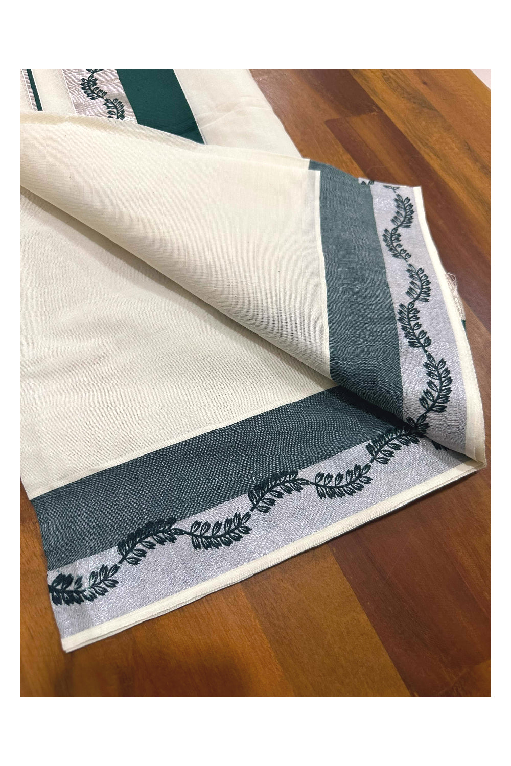 Kerala Cotton Single Set Mundu (Mundum Neriyathum) with Green Block Prints and Silver Kasavu Border 2.80 Mtrs (Onam set Mundu 2023)