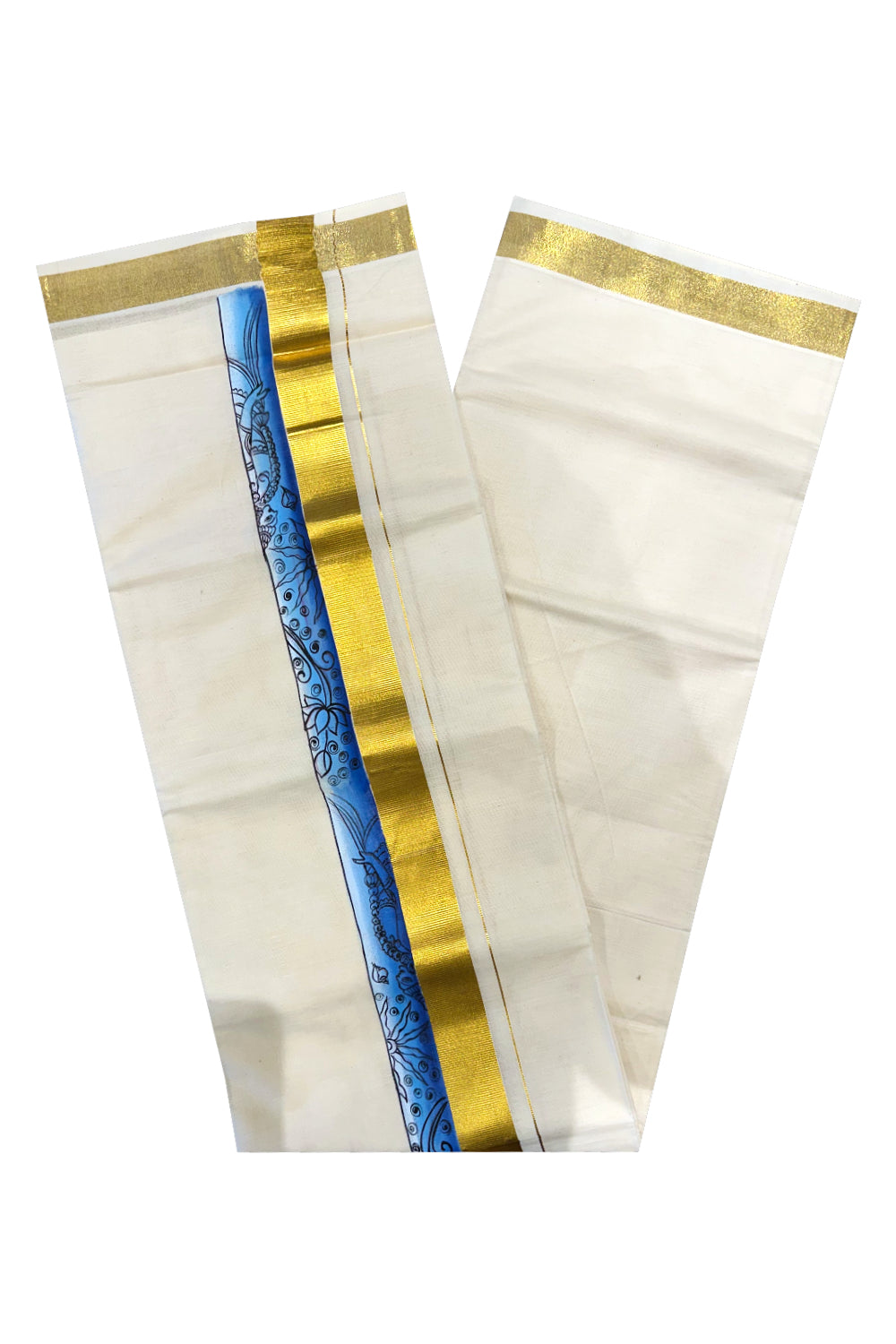 Kerala Pure Cotton Double Mundu with Mural Painted Design on Kasavu Border (South Indian Kerala Dhoti)