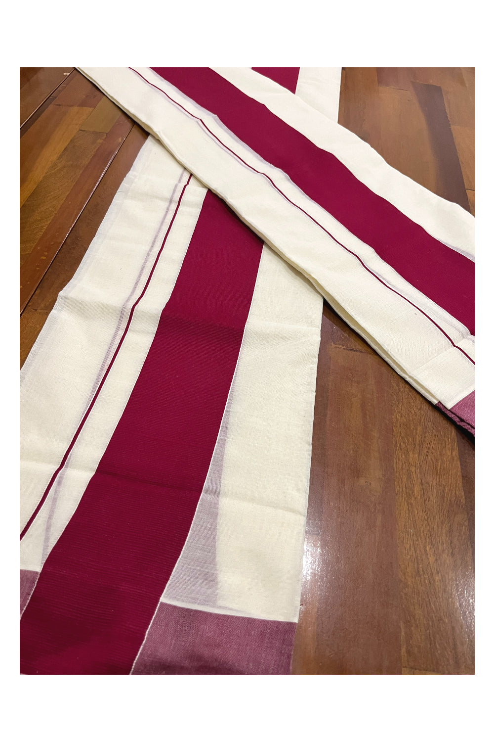 Kerala Cotton Set Mundu (Mundum Neriyathum) Single with Plain Maroon Border 2.80 Mtrs