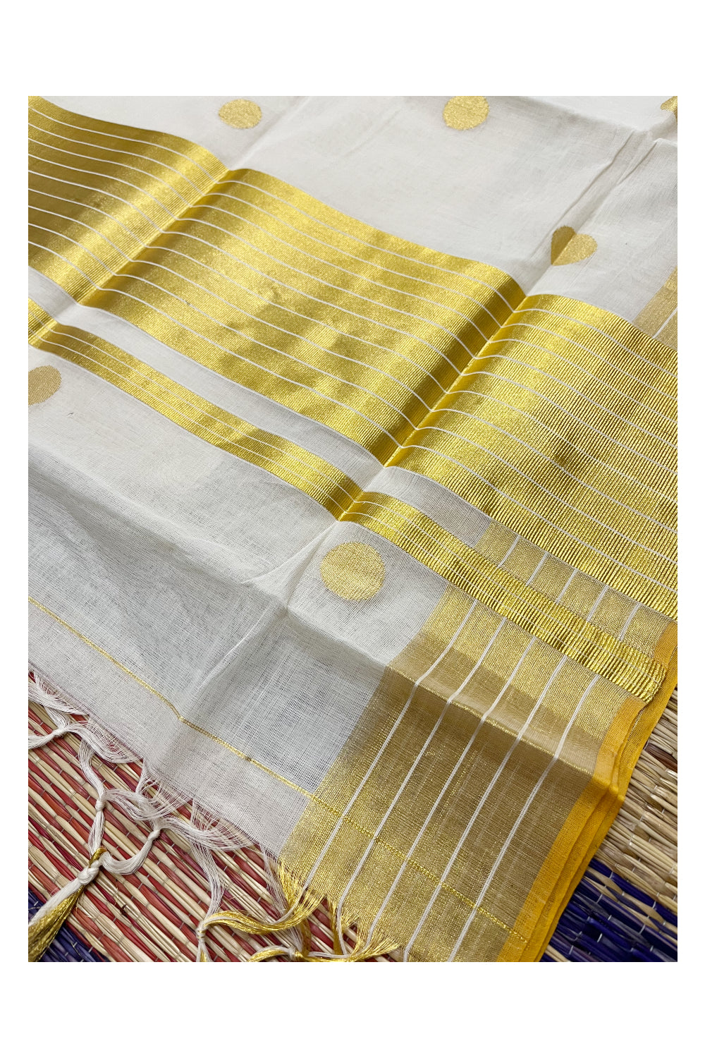 Southloom Super Premium Balaramapuram Unakkupaavu Handloom Kasavu Saree with Golden Polka Woven Designs on Body