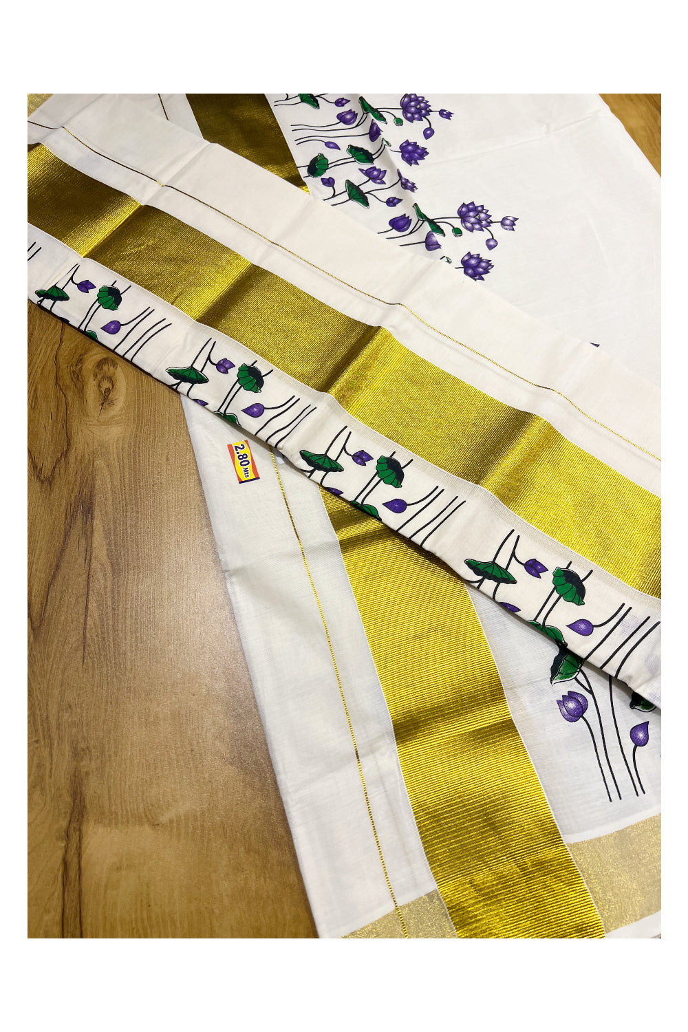 Southloom Onam Special Cotton Mundum Neriyathum (Set Mundu) with Subtle Violet Lotus Prints 2.80Mtrs