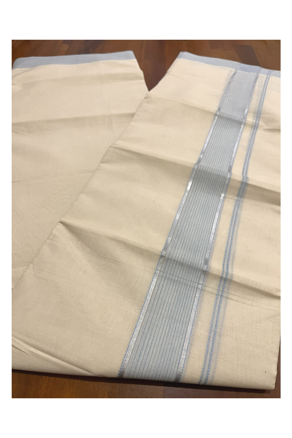 Pure Cotton 100x100 Double Mundu with Light Blue and Silver Kasavu Kara (Onam Mundu 2023)