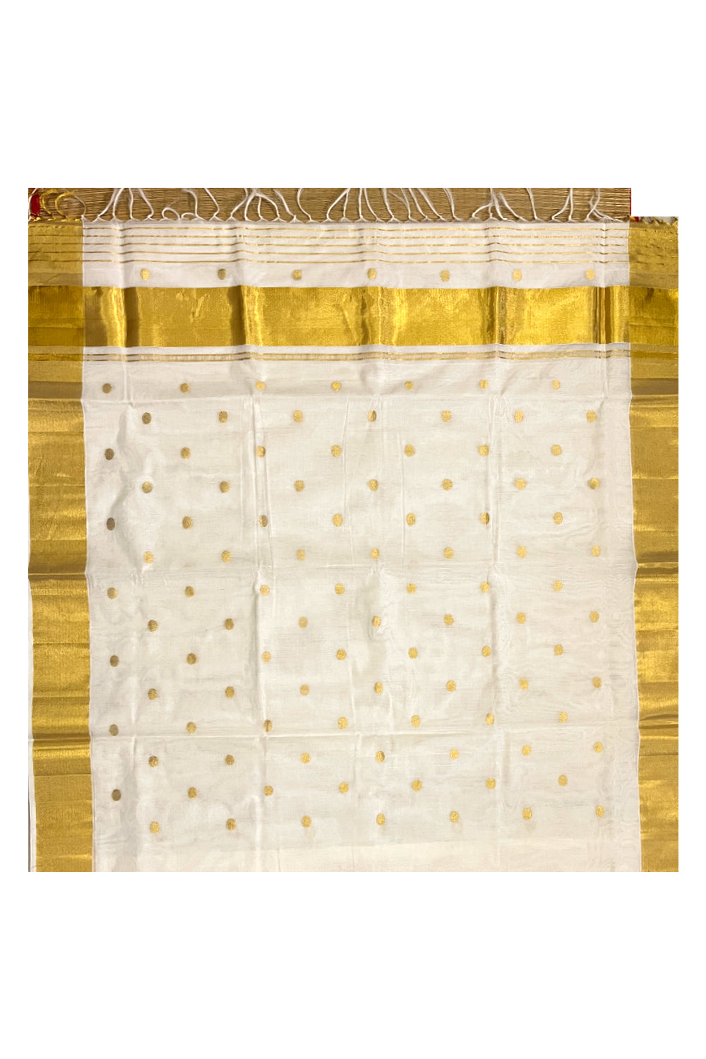 Southloom Premium Handloom Cotton Kerala Saree with Golden Polka works on Body