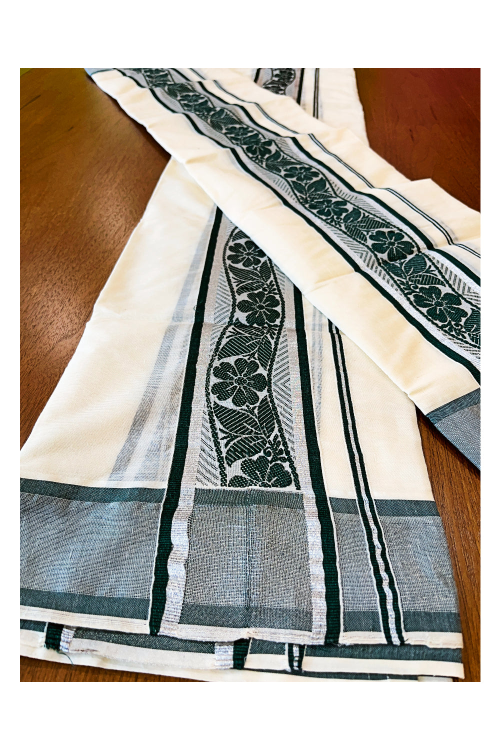 Cotton Set Mundu (Mundum Neriyathum) with Green Floral Woven Works and Silver Kasavu Border