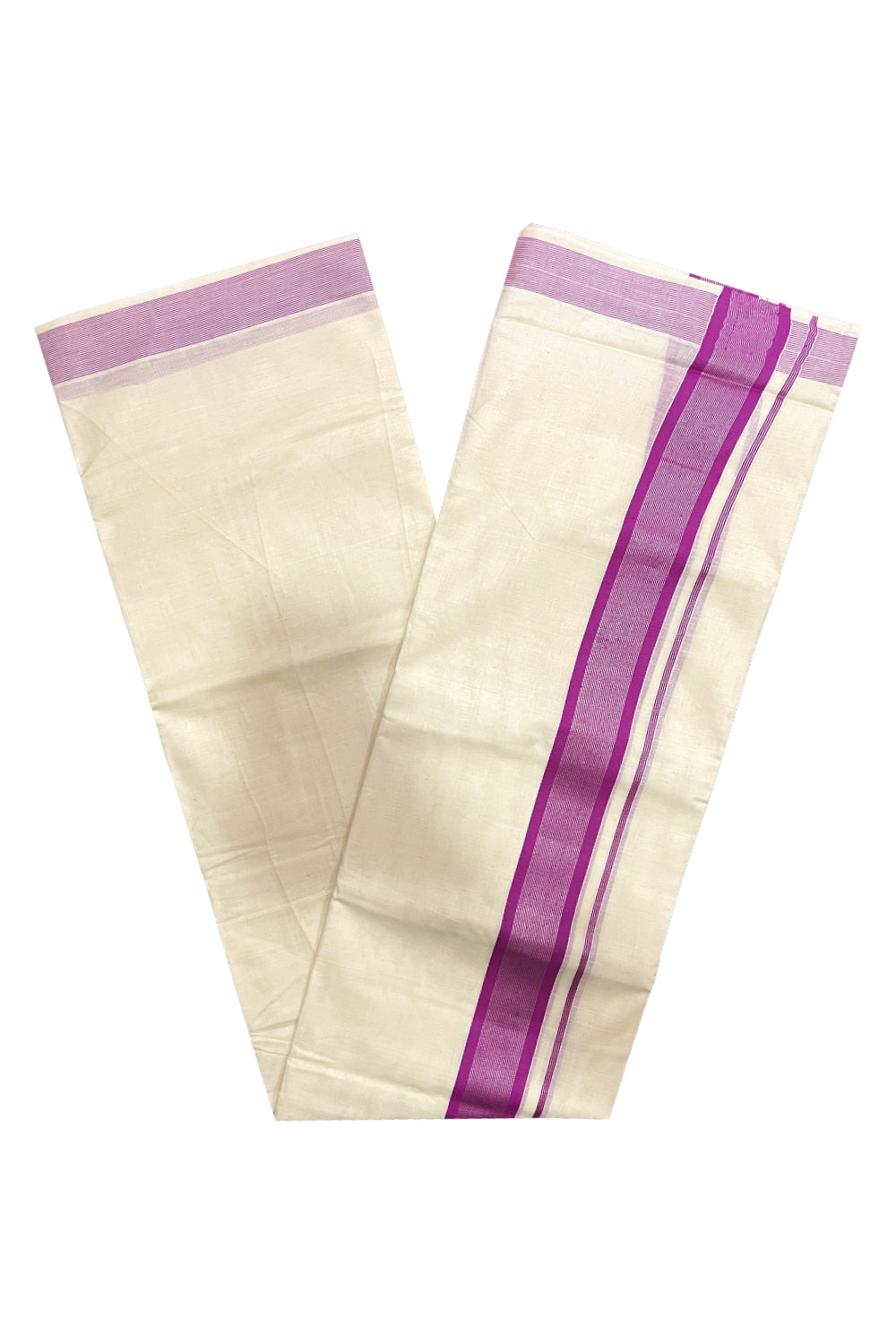 Pure Cotton Double Mundu with Magenta and Silver Kasavu Kara (South Indian Kerala Dhoti)