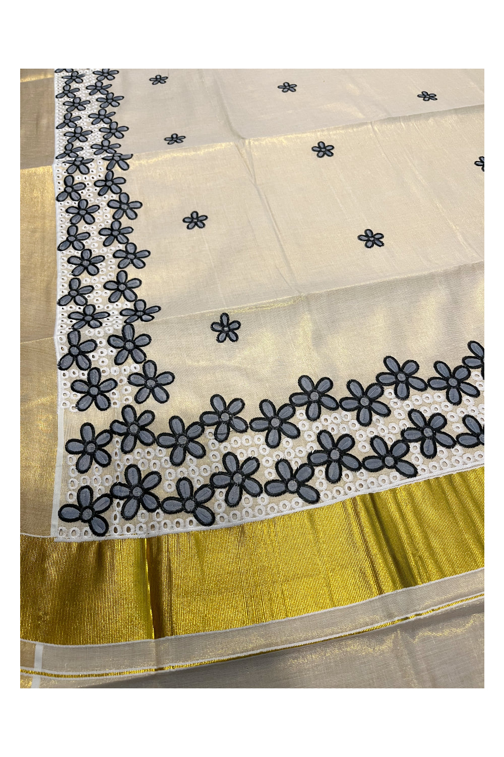 Kerala Tissue Kasavu Saree with Grey Floral Embroidery Works