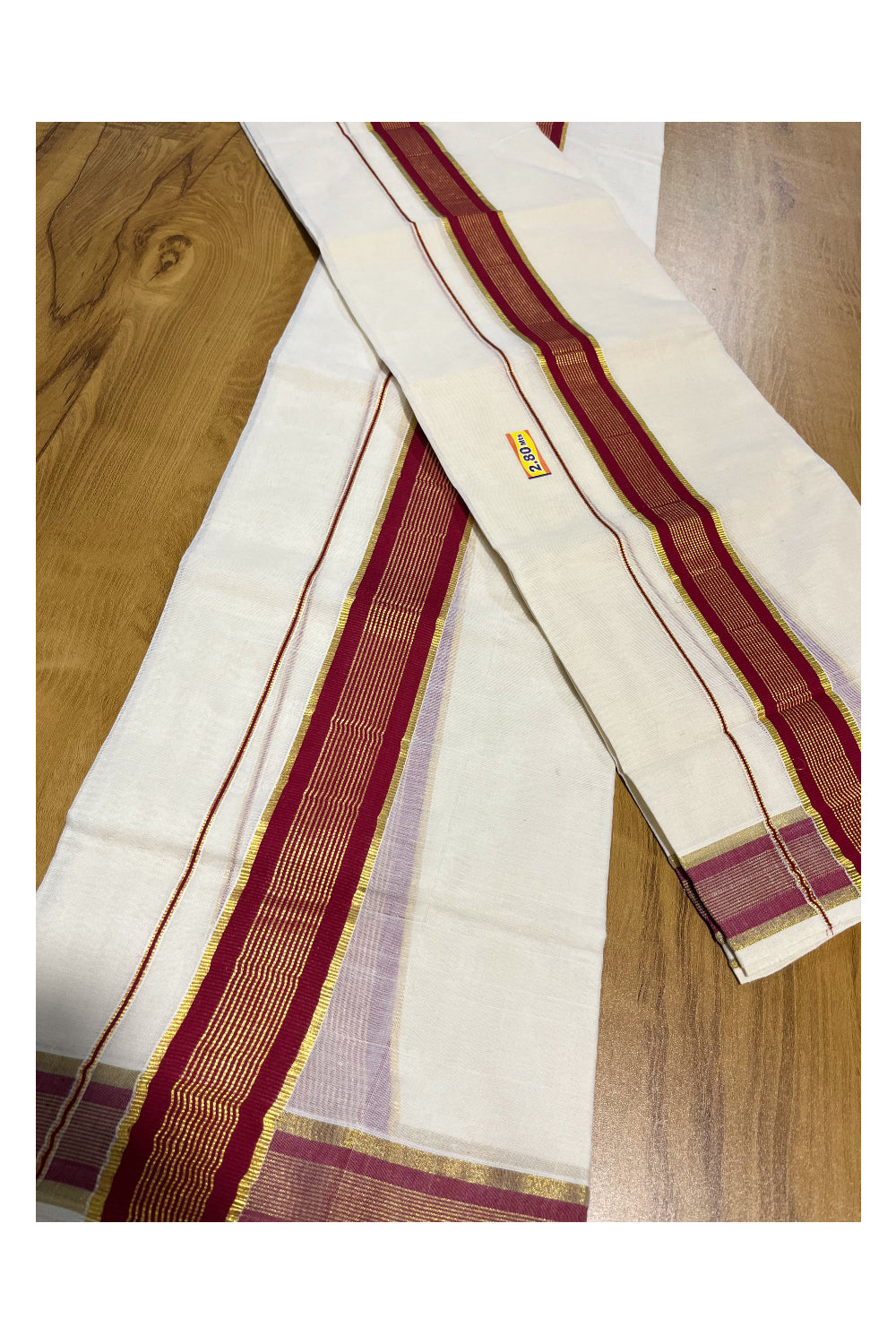 Pure Cotton Kerala Single Set Mundu (Mundum Neriyathum) with Maroon and Kasavu Border 2.80 Mtrs