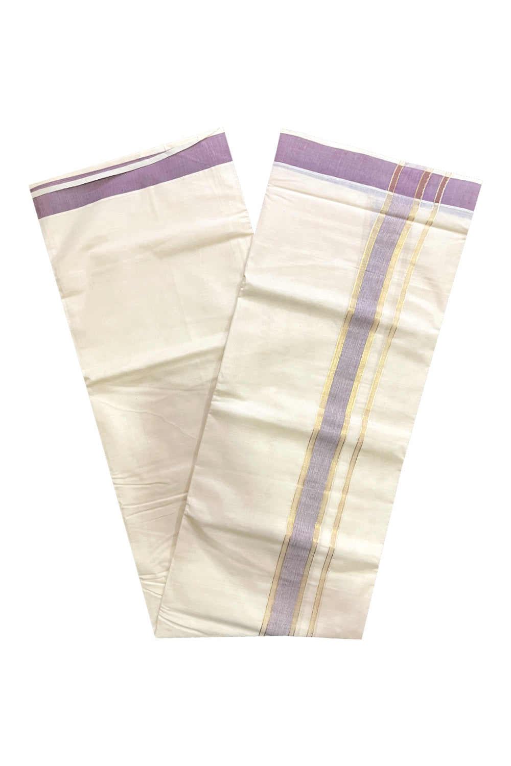 Off White Kerala Cotton Double Mundu with Kasavu and Light Violet Border (South Indian Kerala Dhoti)