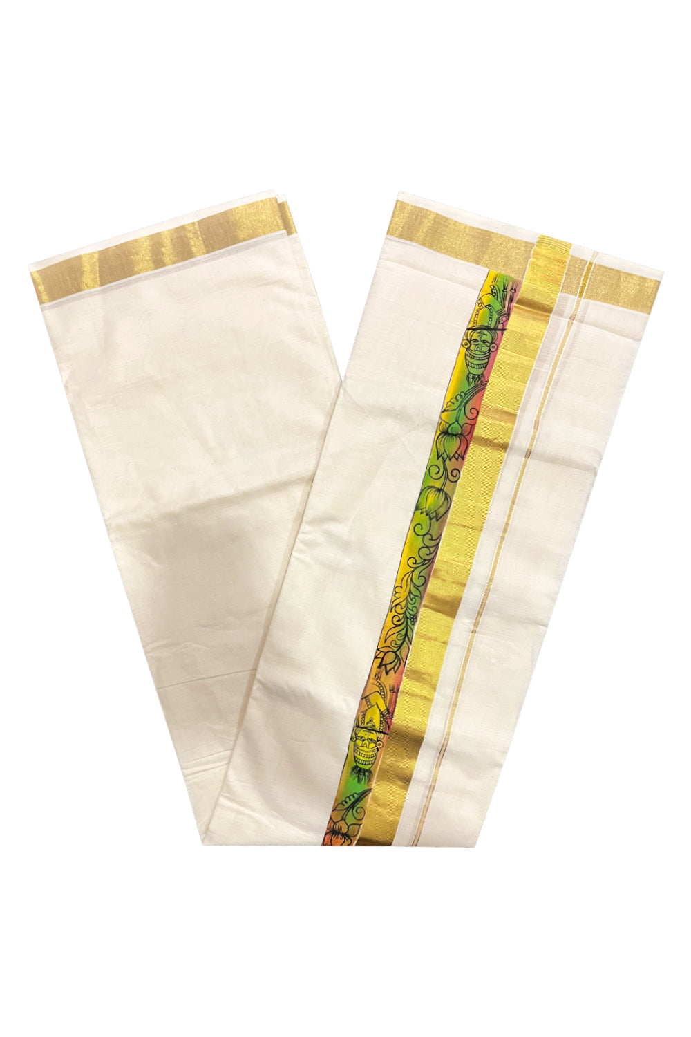 Kerala Pure Cotton Double Mundu with Mural Painted Design on Kasavu Border (South Indian Kerala Dhoti)