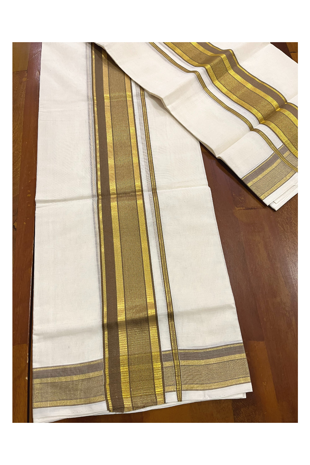 Pure Cotton Handloom Premium Kasavu Set Mundu (Mundum Neriyathum) with Brown and Kasavu Border 2.80 Mtrs