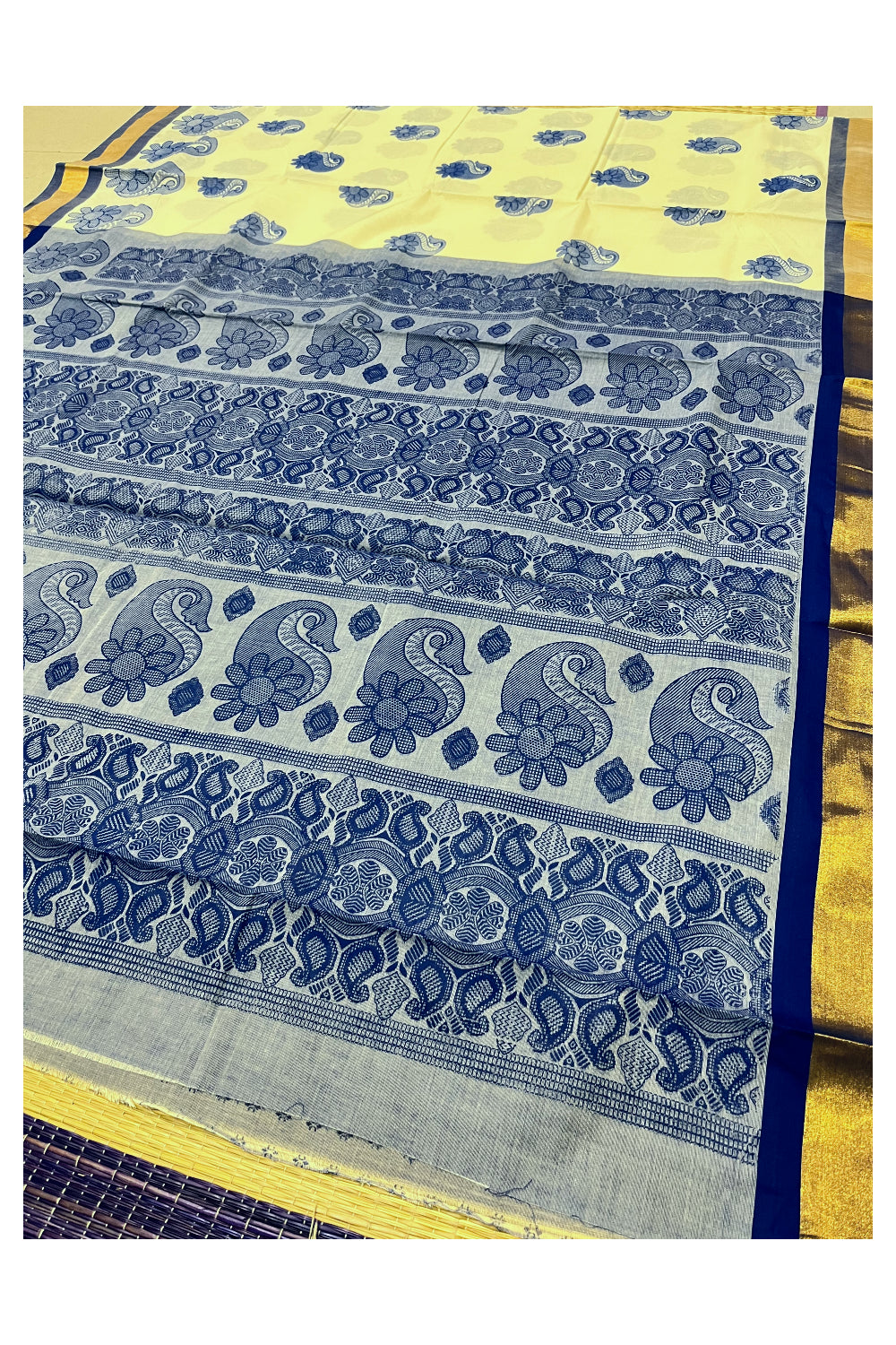Pure Cotton Kerala Saree with Dark Blue Block Prints and Kasavu Border (Vishu 2024 Collection)