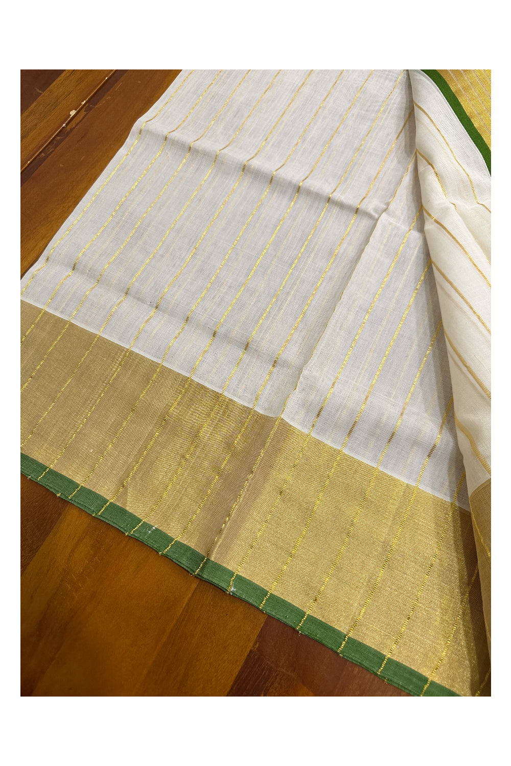 Southloom Premium Handloom Set Mundu with Green Border and Kasavu Lines Across Body 2.80 Mtrs