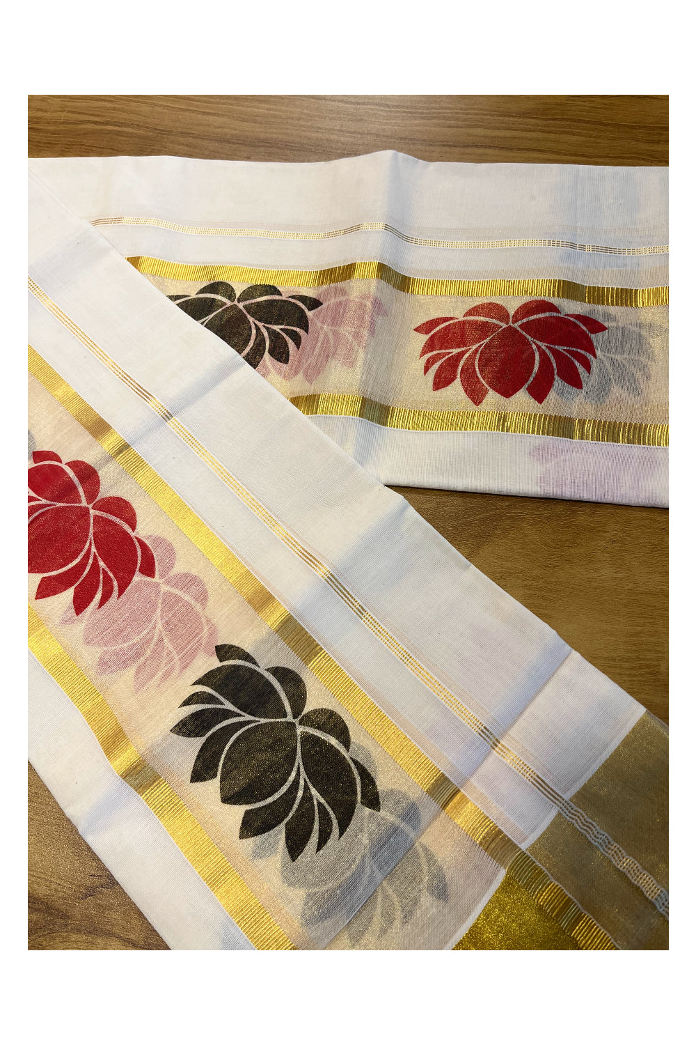 Kerala Tissue Single Set Mundu (Mundum Neriyathum) with Red And Black Lotus Block Prints On Kasavu Border