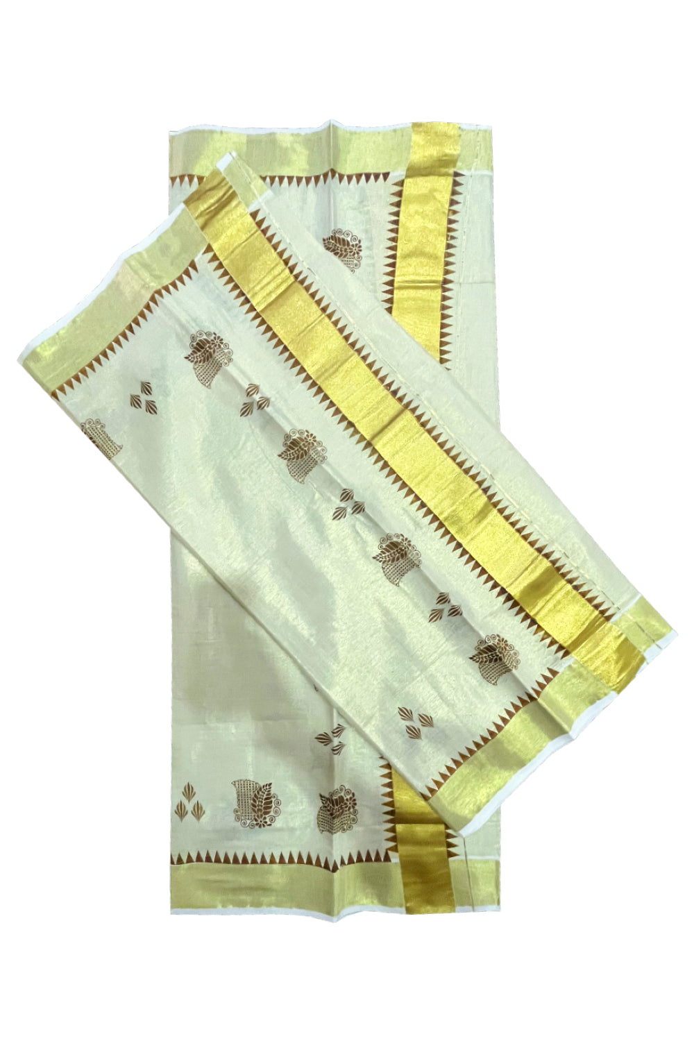 Kerala Tissue Single Set Mundu (Mundum Neriyathum) with Brown Block Prints and Temple Border 2.80 Mtrs