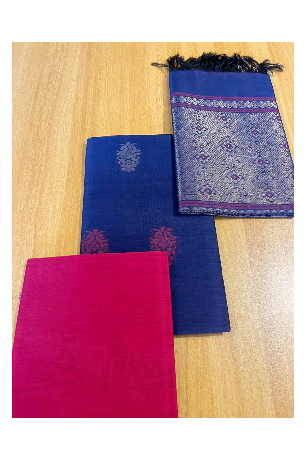 Southloom™ Original Handloom Cotton Pure Silk 3 Piece Blue and Pink Salwar Material with Woven Zari Butta Work