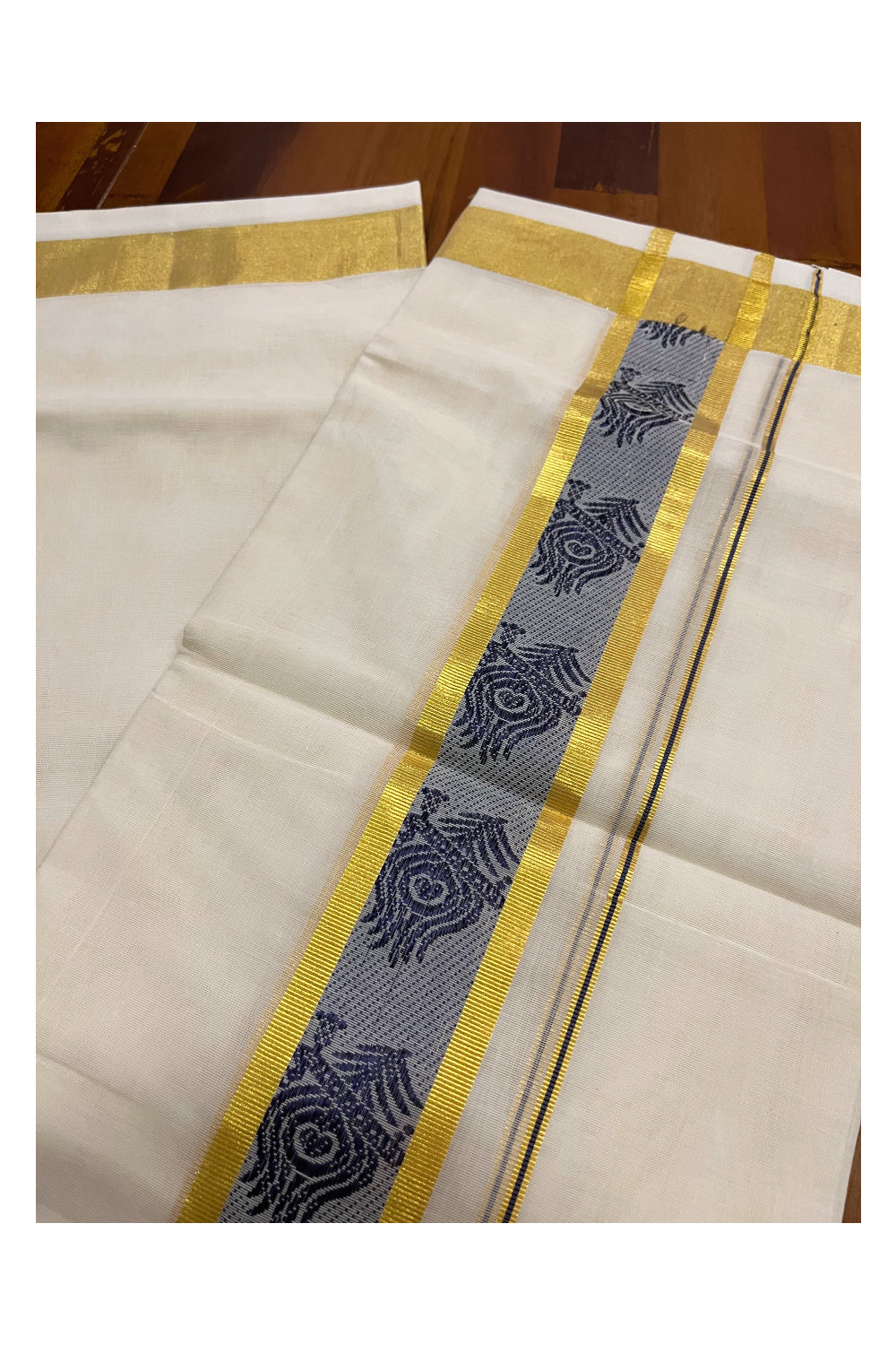 Southloom Premium Handloom Pure Cotton Mundu with Golden and Blue Kasavu Woven Border (Onam Mundu 2023)