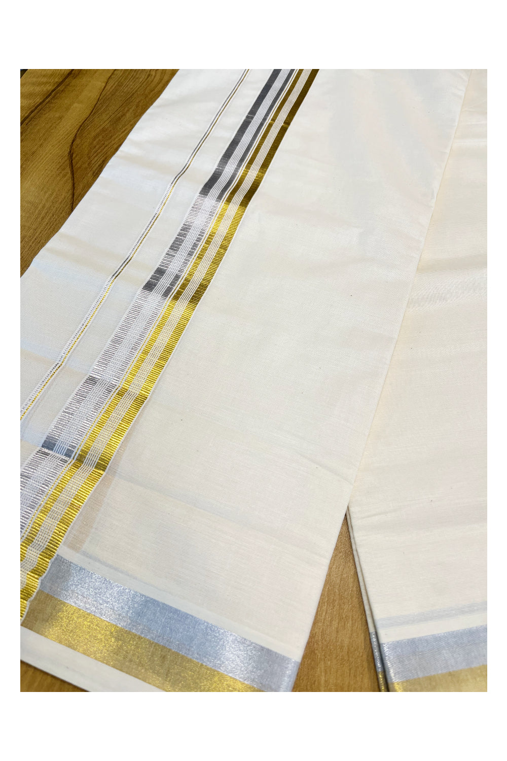 Kerala Pure Cotton Double Mundu with Silver and Golden Kasavu Border (South Indian Kerala Dhoti)