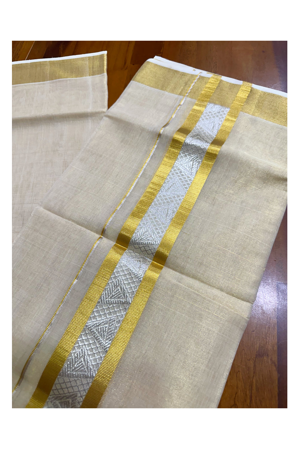 Southloom Premium Handloom Tissue Mundu with 2 inch Kasavu Border with Silver Woven Work