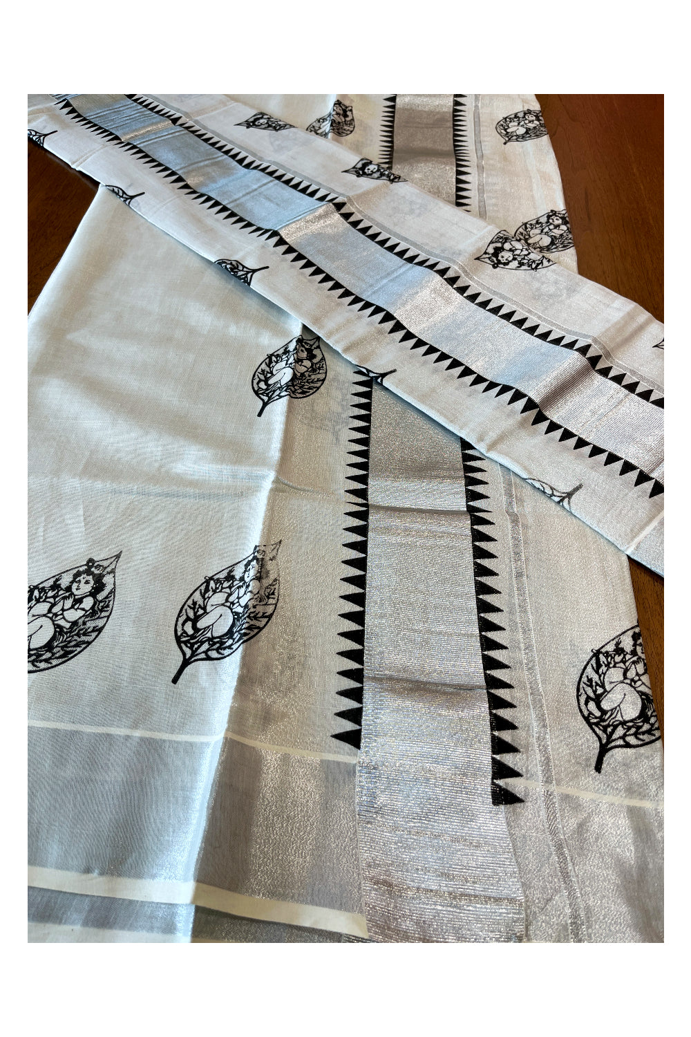 Kerala Silver Tissue Set Mundu (Mundum Neriyathum) with Krishna Prints and Black Temple Block Works on Border 2.80 Mtrs