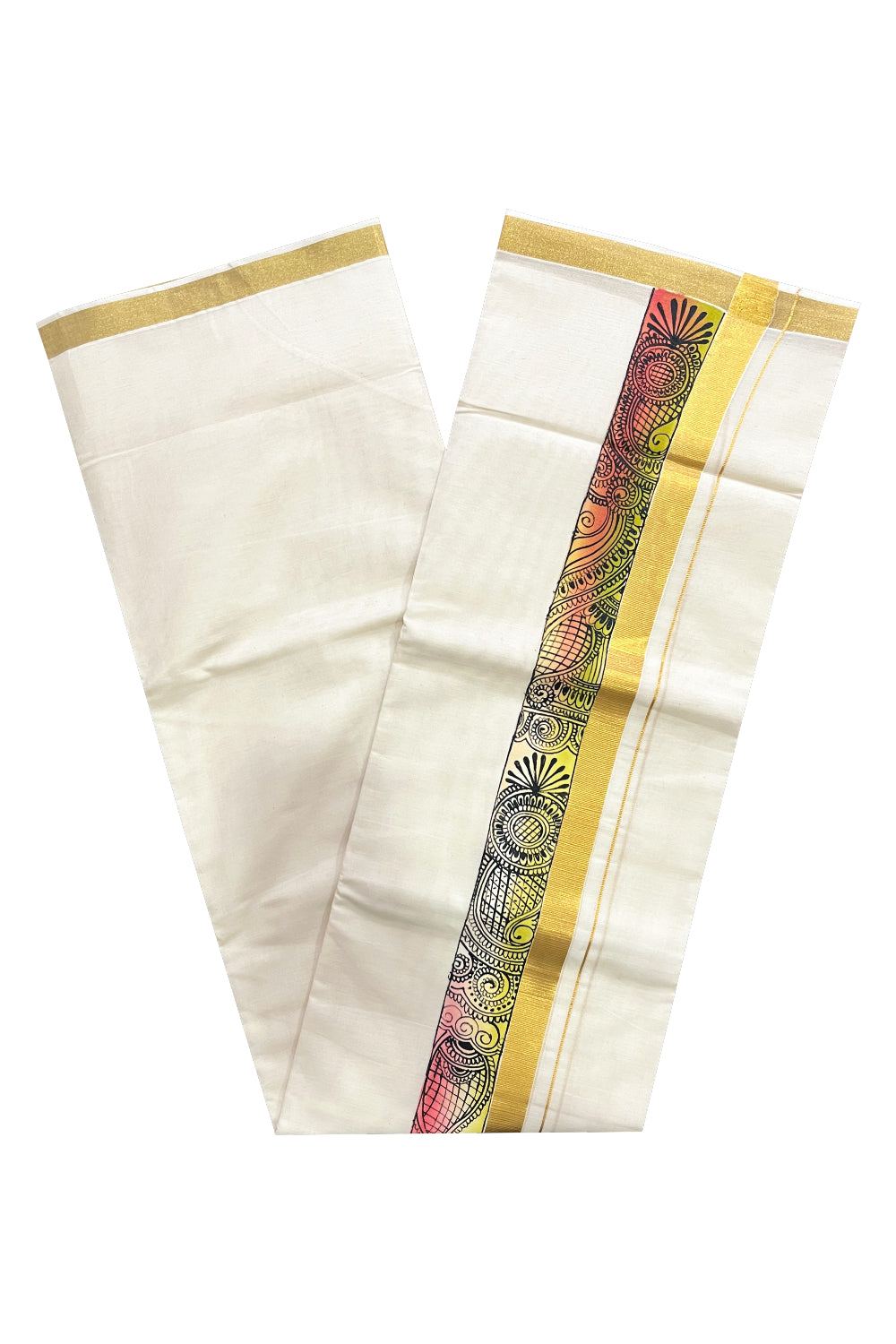 Pure Cotton Kerala Double Mundu with Hand Painted Designs on Kasavu Border (Vishu Collection 2024)