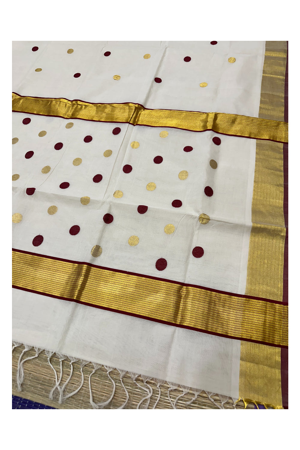 Southloom Premium Handloom Cotton Saree with Golden and Maroon Polka Works Across Body