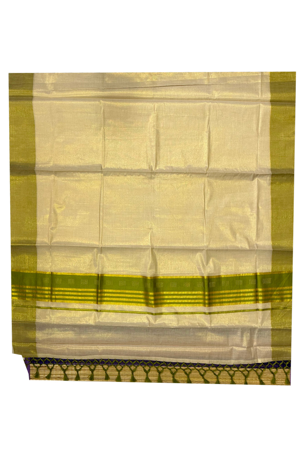 Kerala Tissue Saree with Kasavu Green Border and Tassels Works on Pallu (Onam Saree 2023)