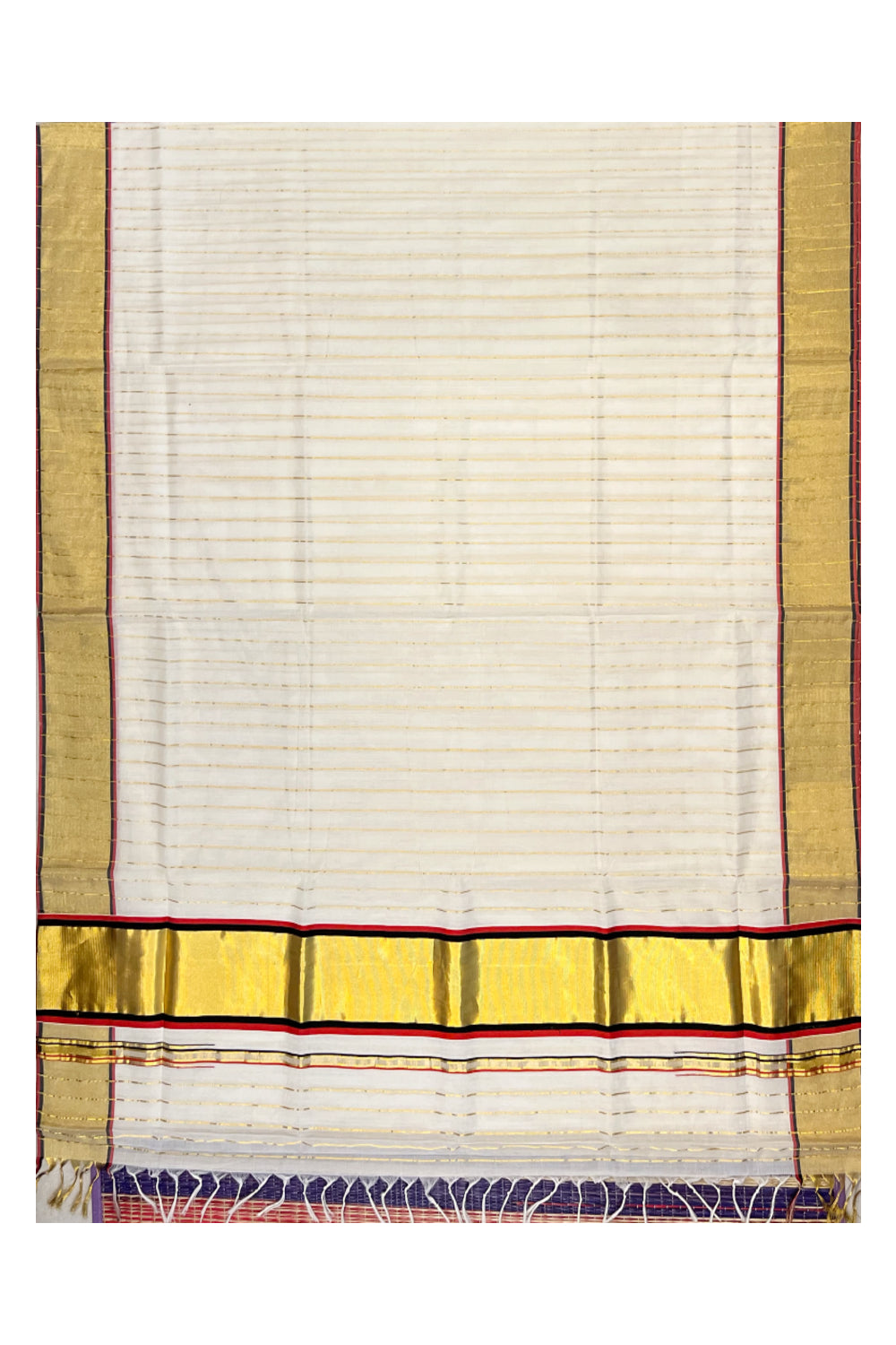 Southloom Premium Handloom Cotton Kasavu Lines Design Saree with Red and Black Border