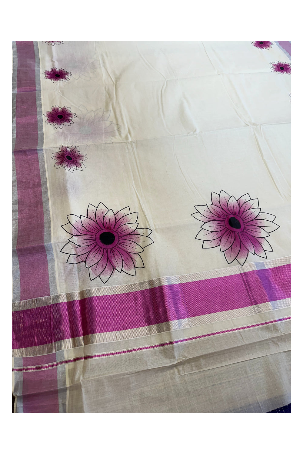 Kerala Cotton Saree with Floral Block Prints in Pink and Silver Border