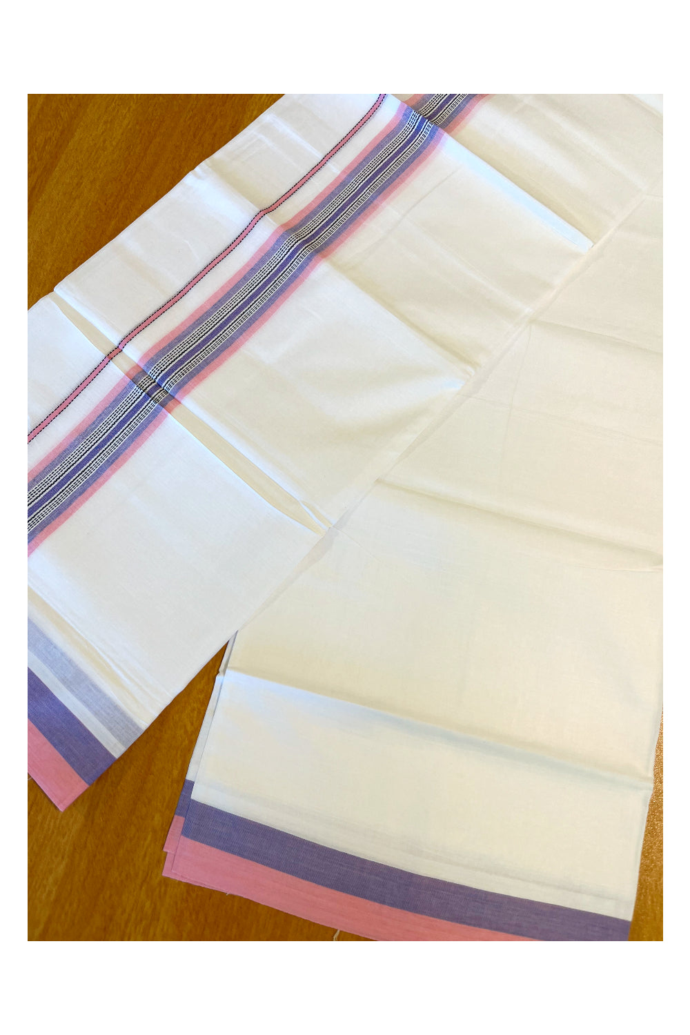 Pure White Cotton Double Mundu with Blue And Pink Border (South Indian Dhoti)