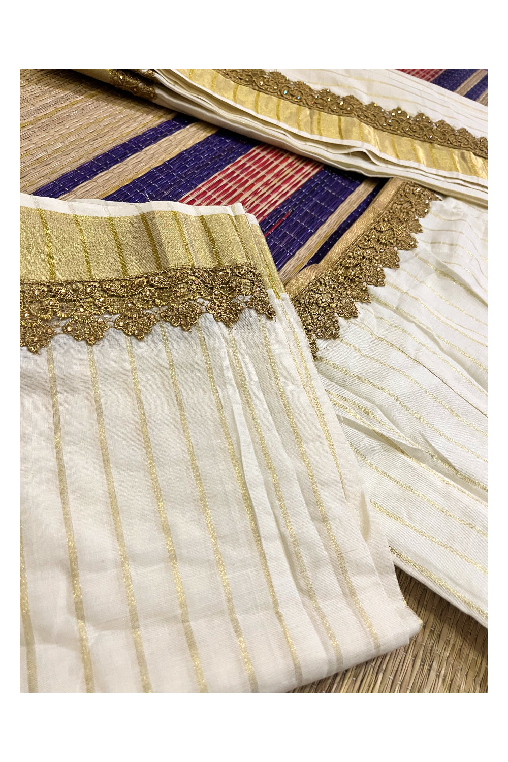 Semi Stitched Premium Cotton Dhavani Set with Kasavu Lines Designs on Body