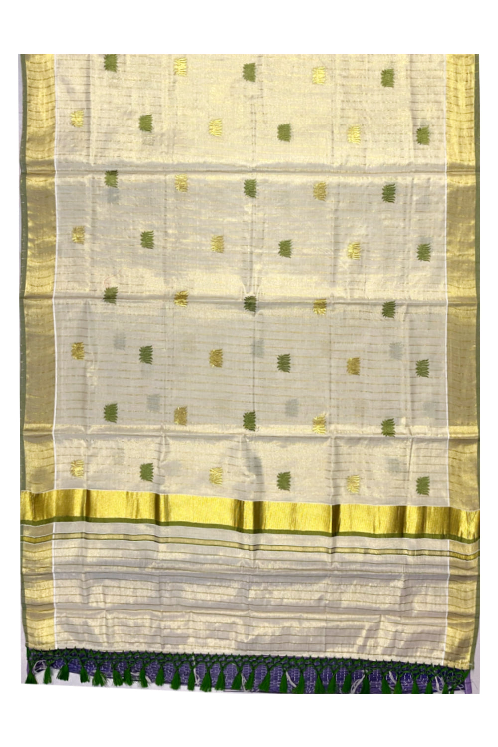 Kerala Tissue Kasavu Lines Saree with Olive Green And Golden Lotus Embroidery Works