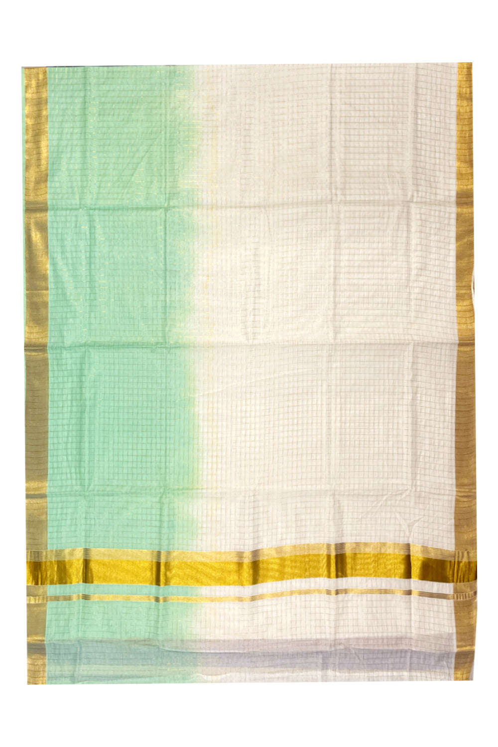 Southloom Cotton Tie & Dye - Half & Half Green Design Saree with Kasavu Checks Across Body