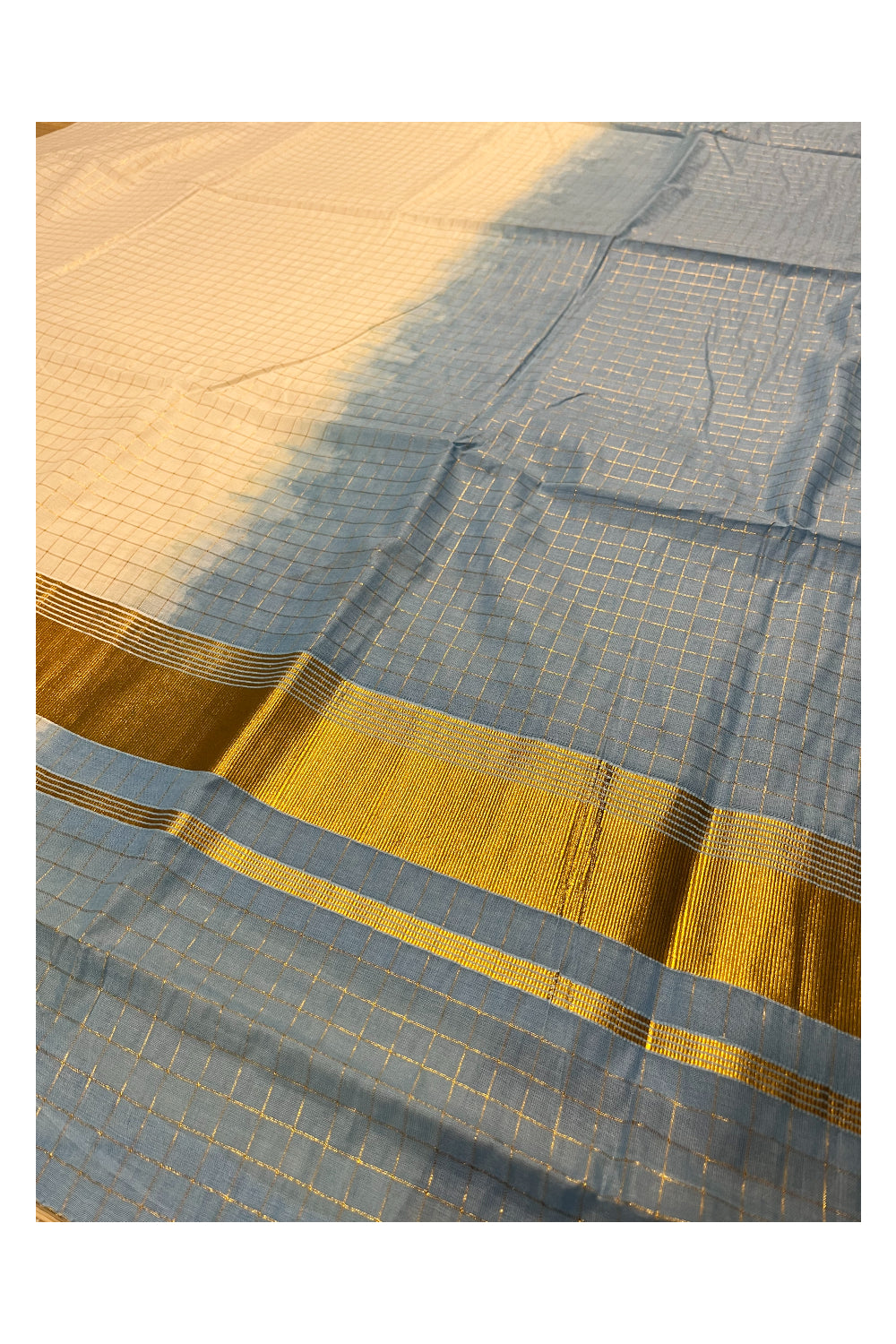 Southloom Cotton Tie & Dye - Half & Half Blue Design Saree with Kasavu Checks Across Body