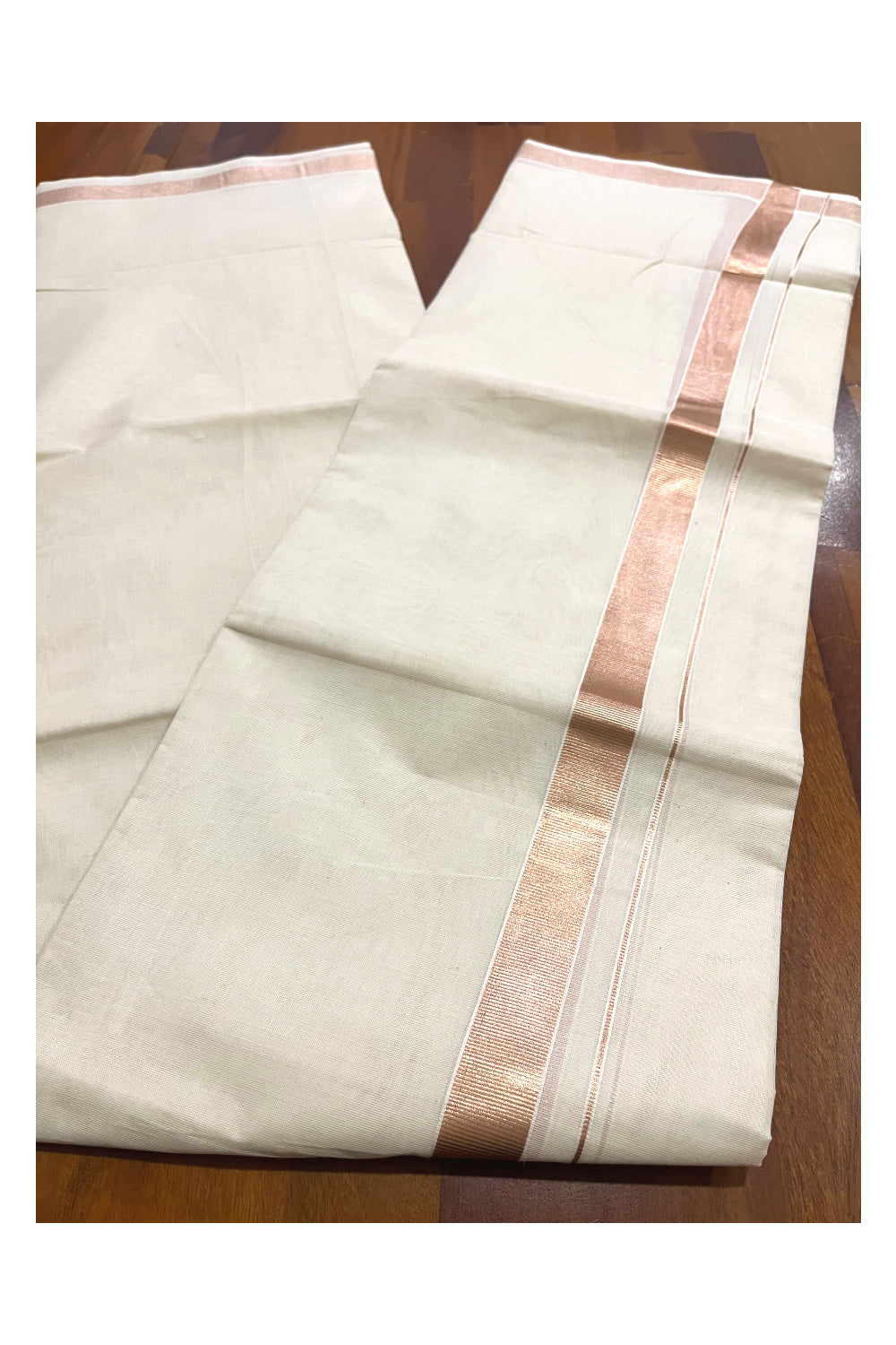 Off White Pure Cotton Double Mundu with 1 inch Rose Copper Kasavu Border (South Indian Kerala Dhoti)