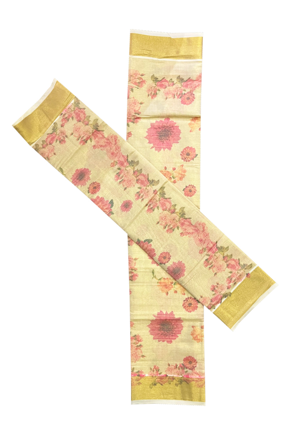 Kerala Tissue Digital Print Single Set Mundu (Mundum Neriyathum) with Pink Floral Design