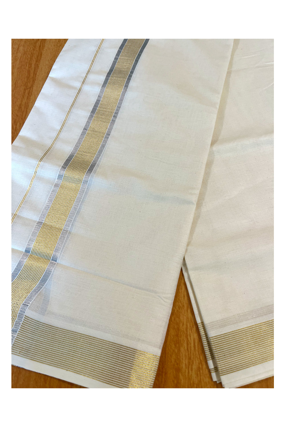 Kerala Cotton Double Mundu with Silver and Golden Kasavu Lines Border (South Indian Kerala Dhoti)