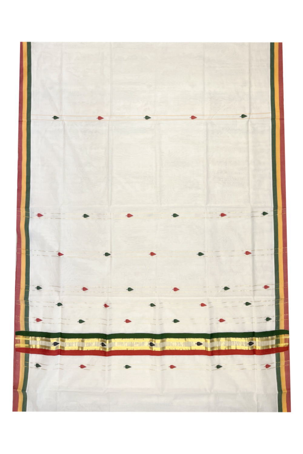 Southloom Premium Balaramapuram Unakkupaavu Handloom Cotton Butta Saree with Kasavu Lines and Red Green Border