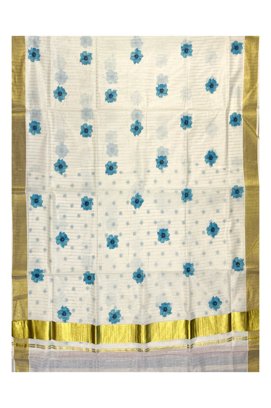 Southloom Onam Special Kasavu Lines Saree with Digital Printed Classy Floral Designs in Blue (Printed Matching Blouse Included)
