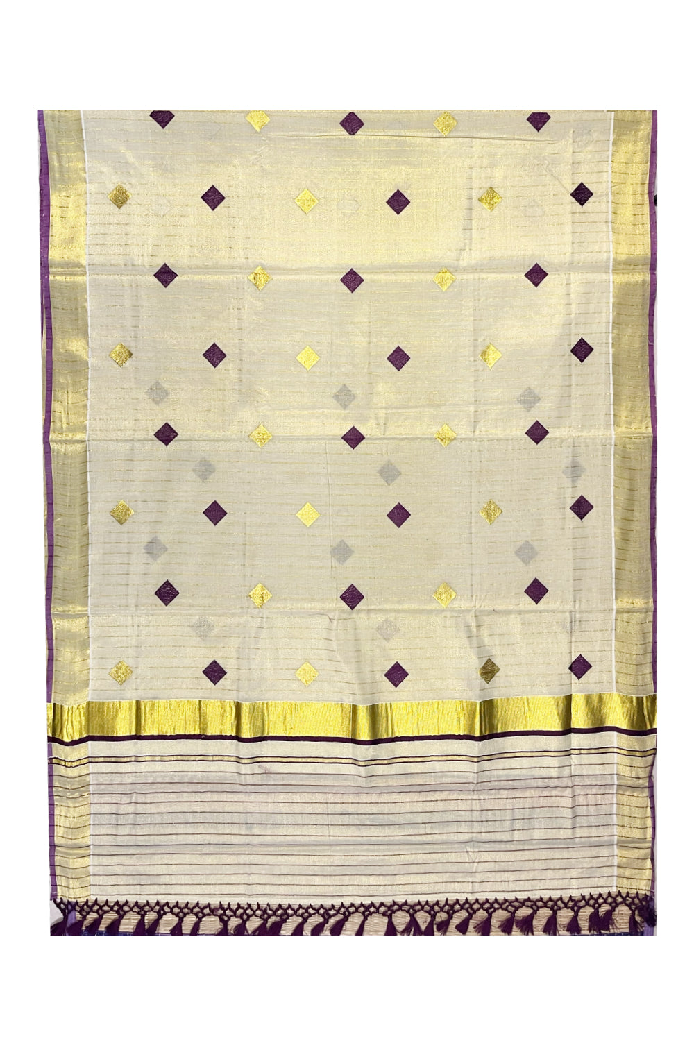 Kerala Tissue Kasavu Lines Saree with Violet and Golden Diagonal Woven Designs on Body and Pallu