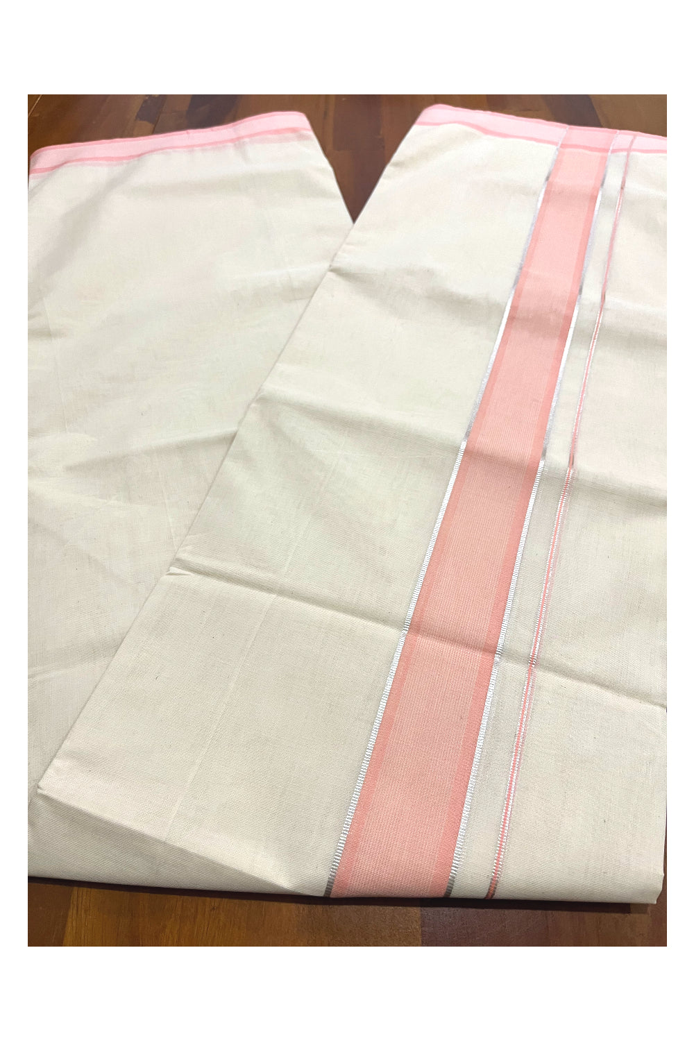 Pure Cotton Off White 100x100 Double Mundu with Silver Kasavu and Peach Border (South Indian Kerala Dhoti)