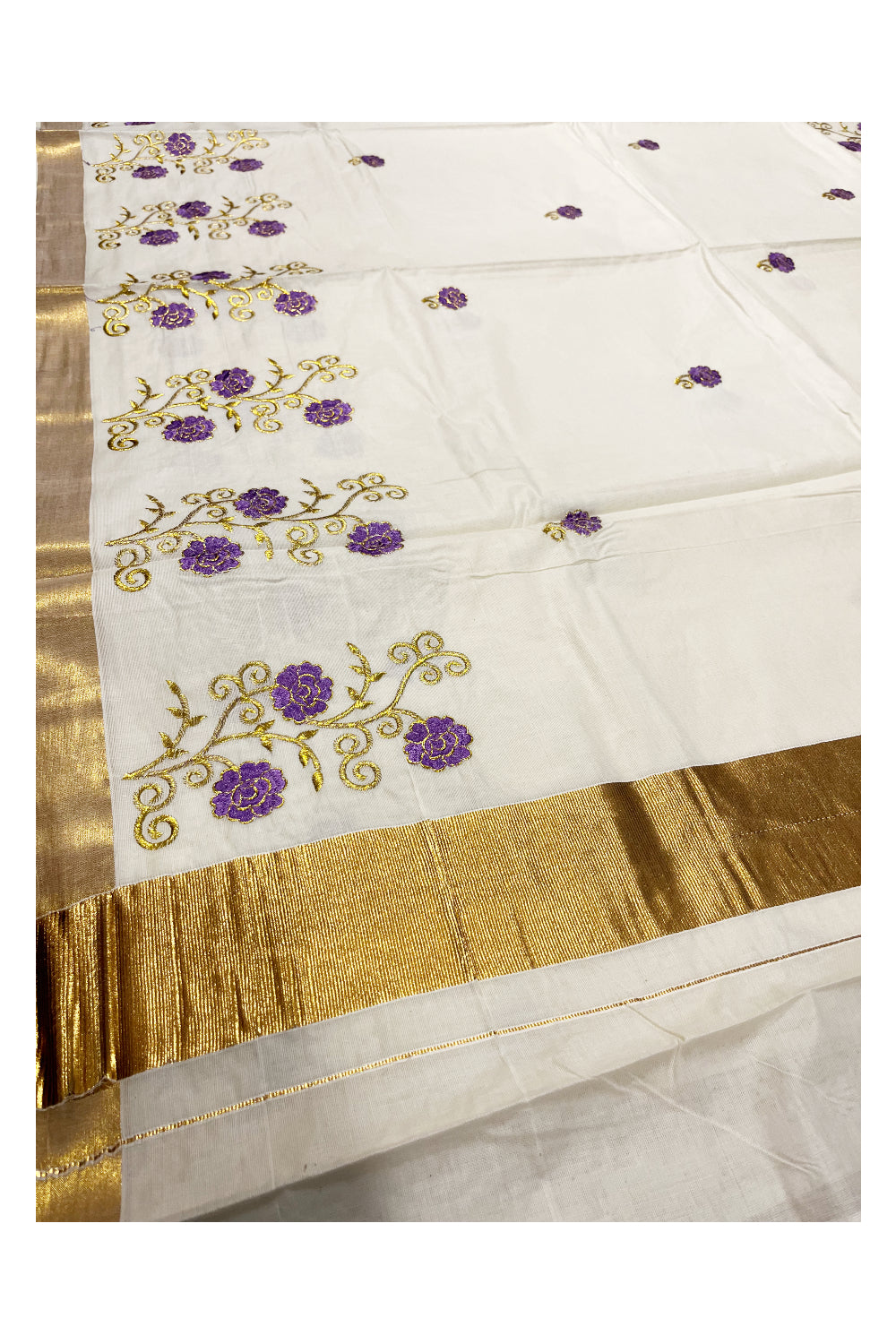 Southloom Kerala Kasavu Saree with Lavender and Gold Floral Embroidery