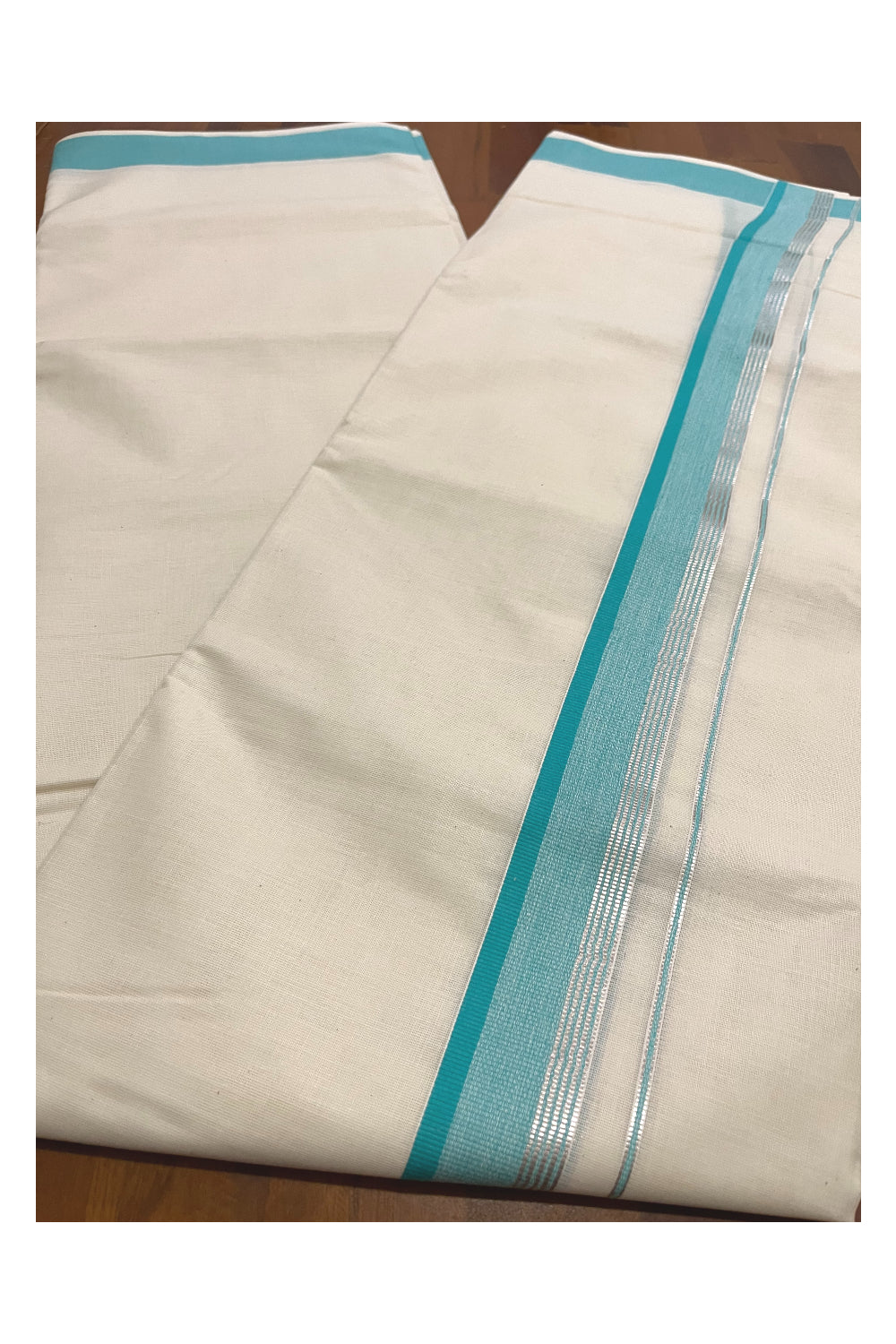 Pure Cotton Kerala Double Mundu with Turquoise and Silver Kasavu Kara (South Indian Kerala Dhoti)