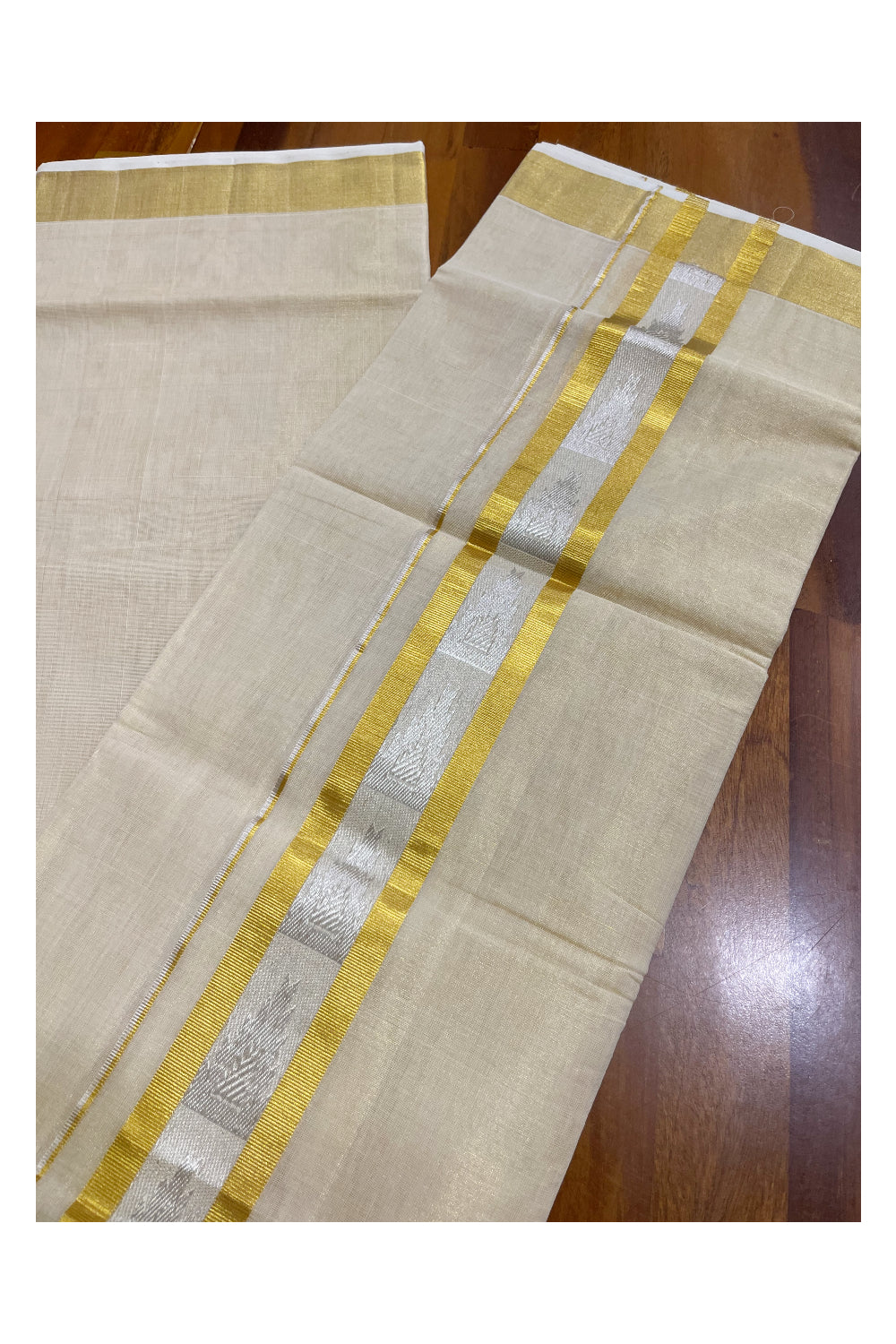 Southloom Premium Handloom Tissue Mundu with 2 inch Kasavu Border with Silver Woven Work