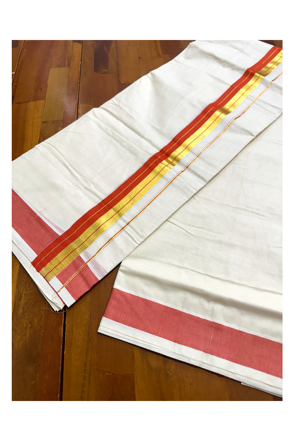 Kerala Pure Cotton Double Mundu with Orange and Kasavu Border (South Indian Dhoti)