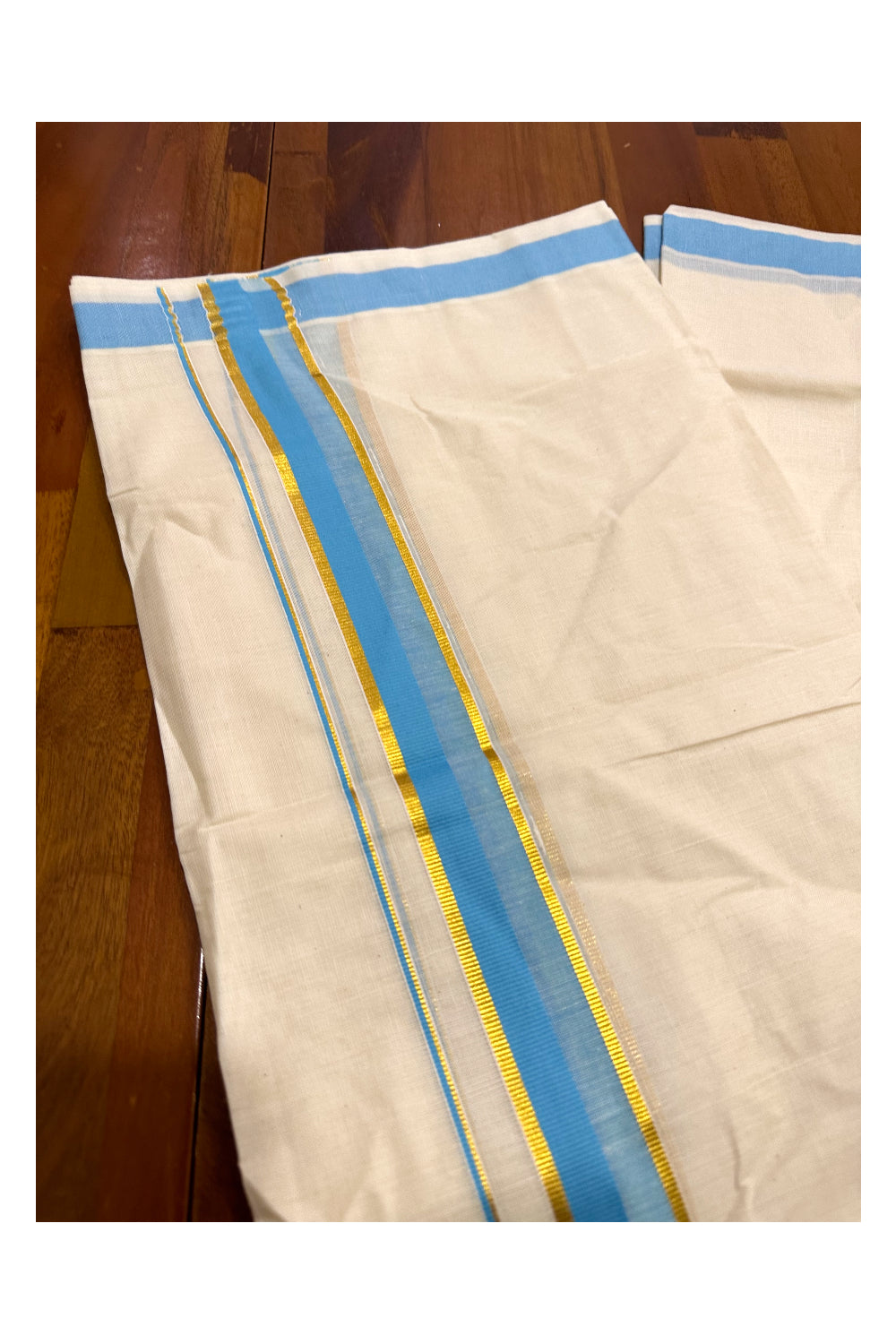 Kerala Cotton Double Mundu with Blue and Kasavu Border (Onam Mundu 2023)