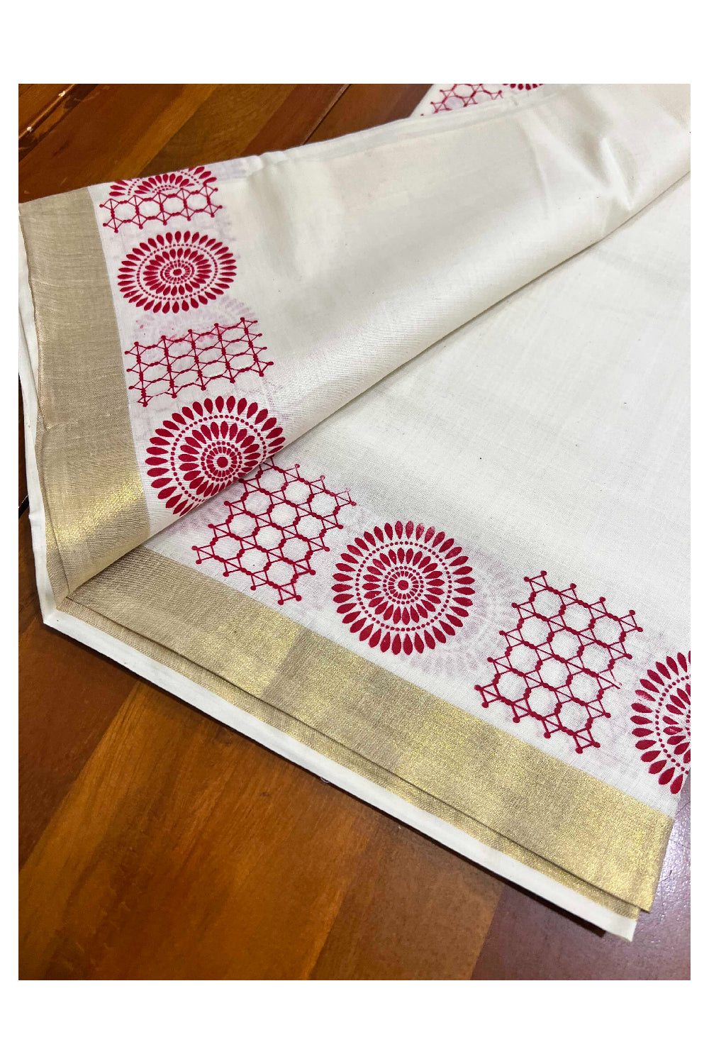 Kerala Cotton Single Set Mundu (Mundum Neriyathum) with Red Block Prints with Kasavu Border  - 2.80Mtrs