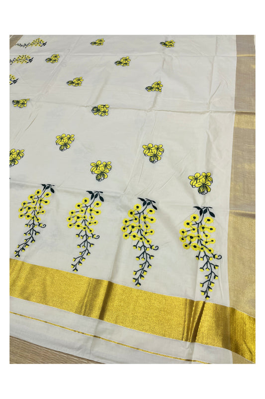 Pure Cotton Kerala Kasavu Saree with Kanikonna Floral Embroidery Designs