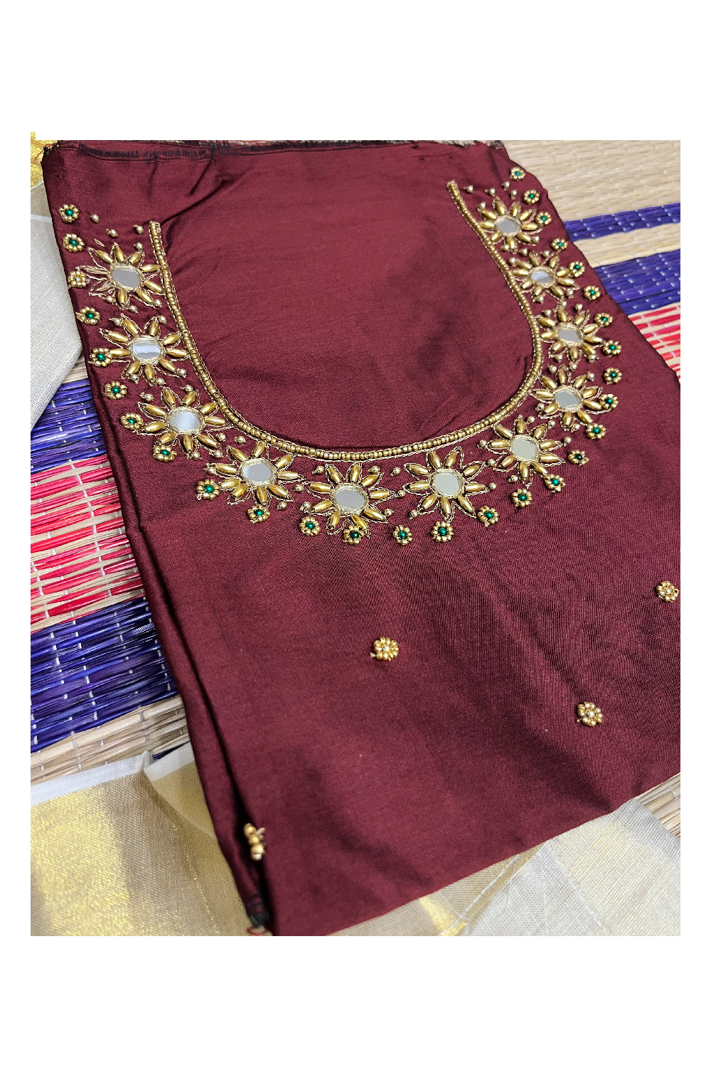 Semi Stitched Onam 2023 Dhavani Set with Tissue Pavada and Maroon Mirror Bead Work Blouse Piece