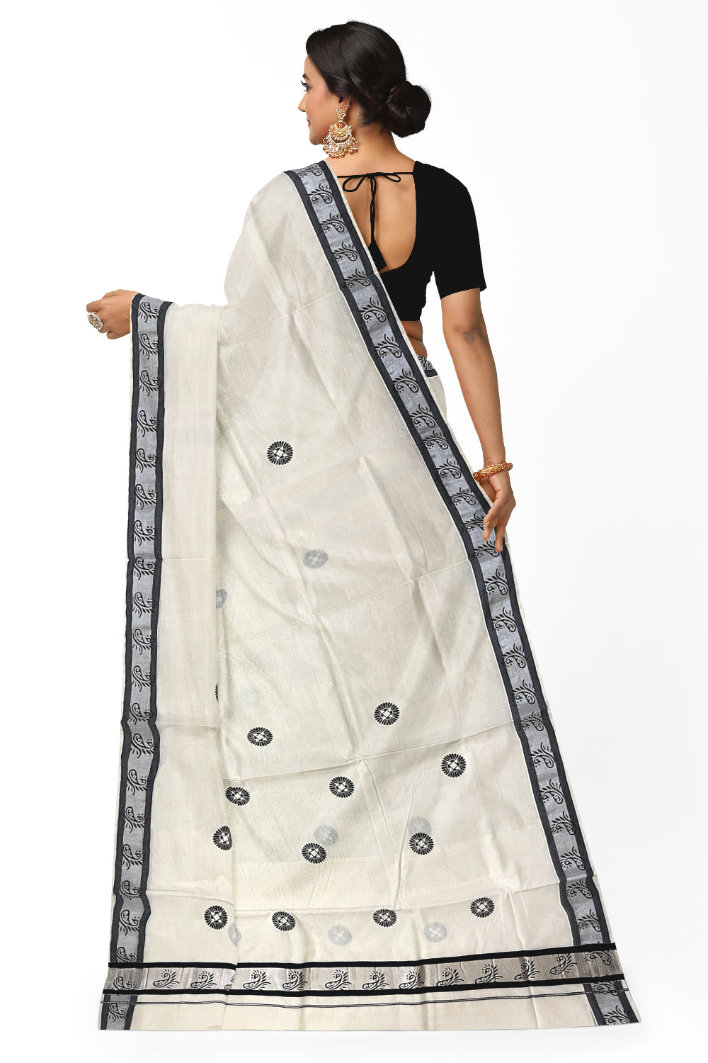 Pure Cotton Kerala Saree with Black Block Prints and Silver Border